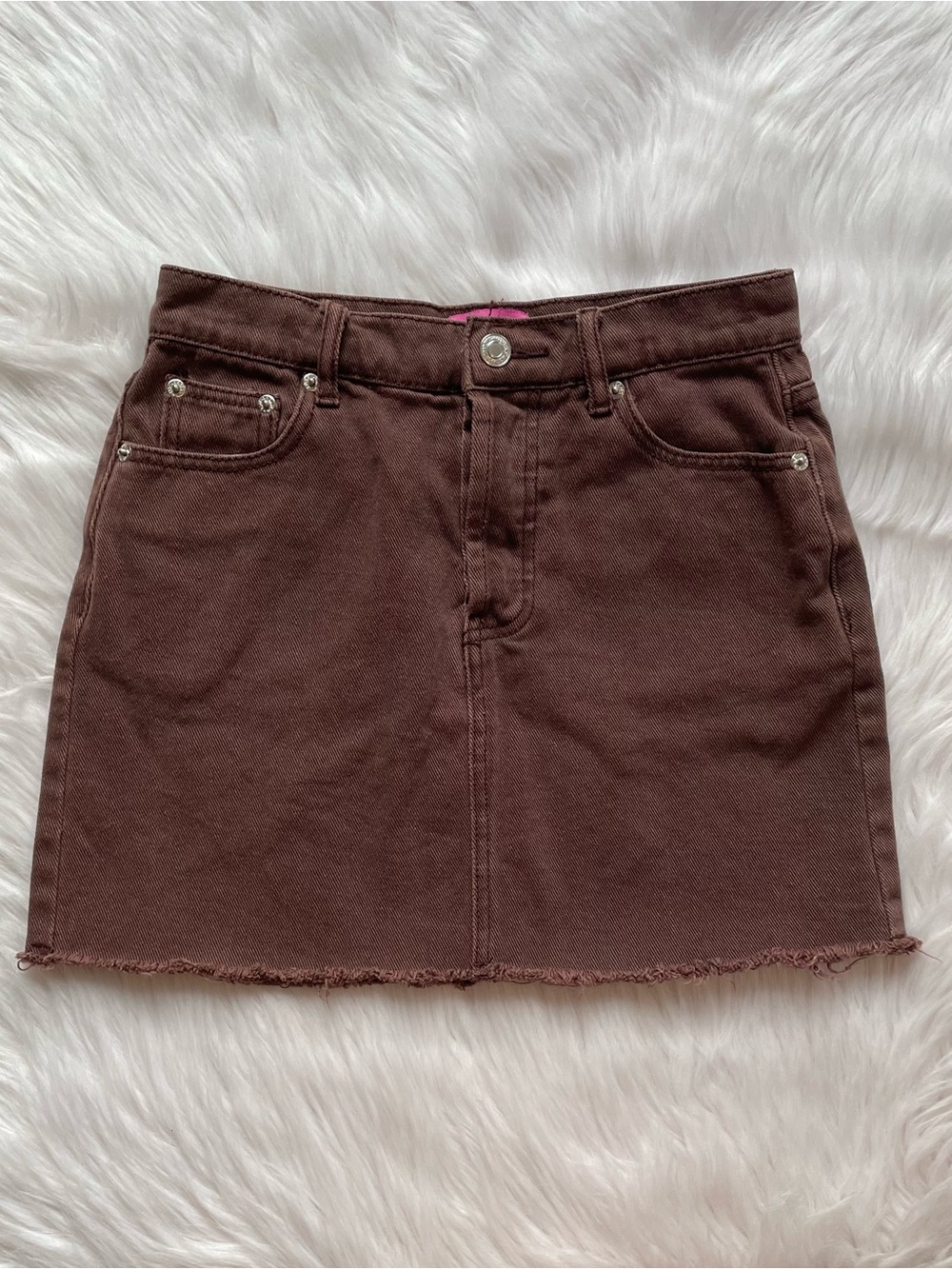 Edikted brown denim mini skirt women’s S small jean skirt button fly distressed